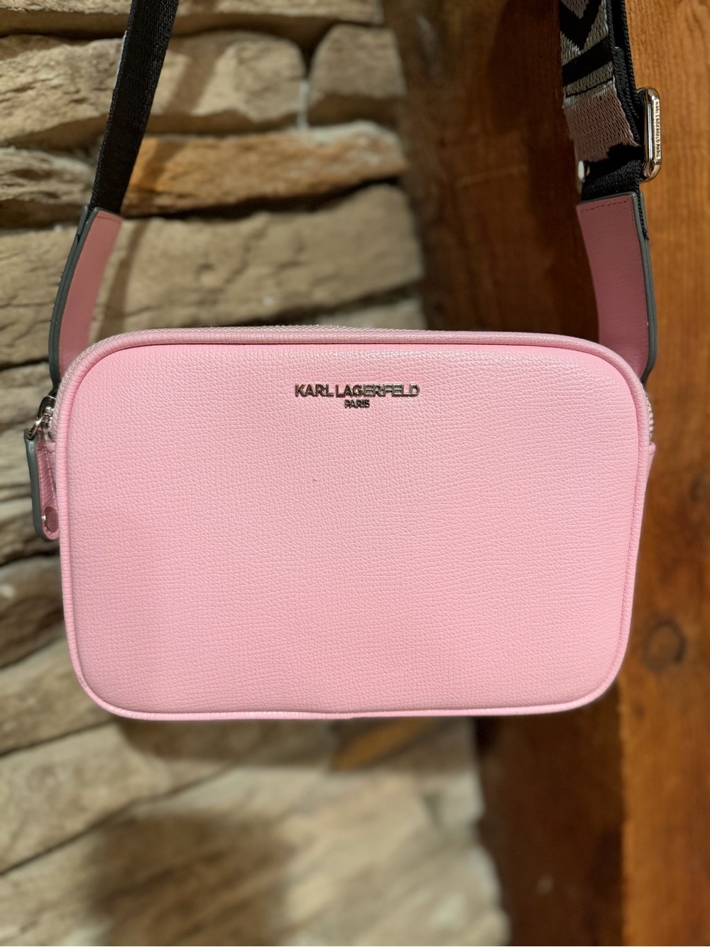 Karl Lagerfeld Soft Pink Crossbody Double-Zip Camera Bag with Branded Strap